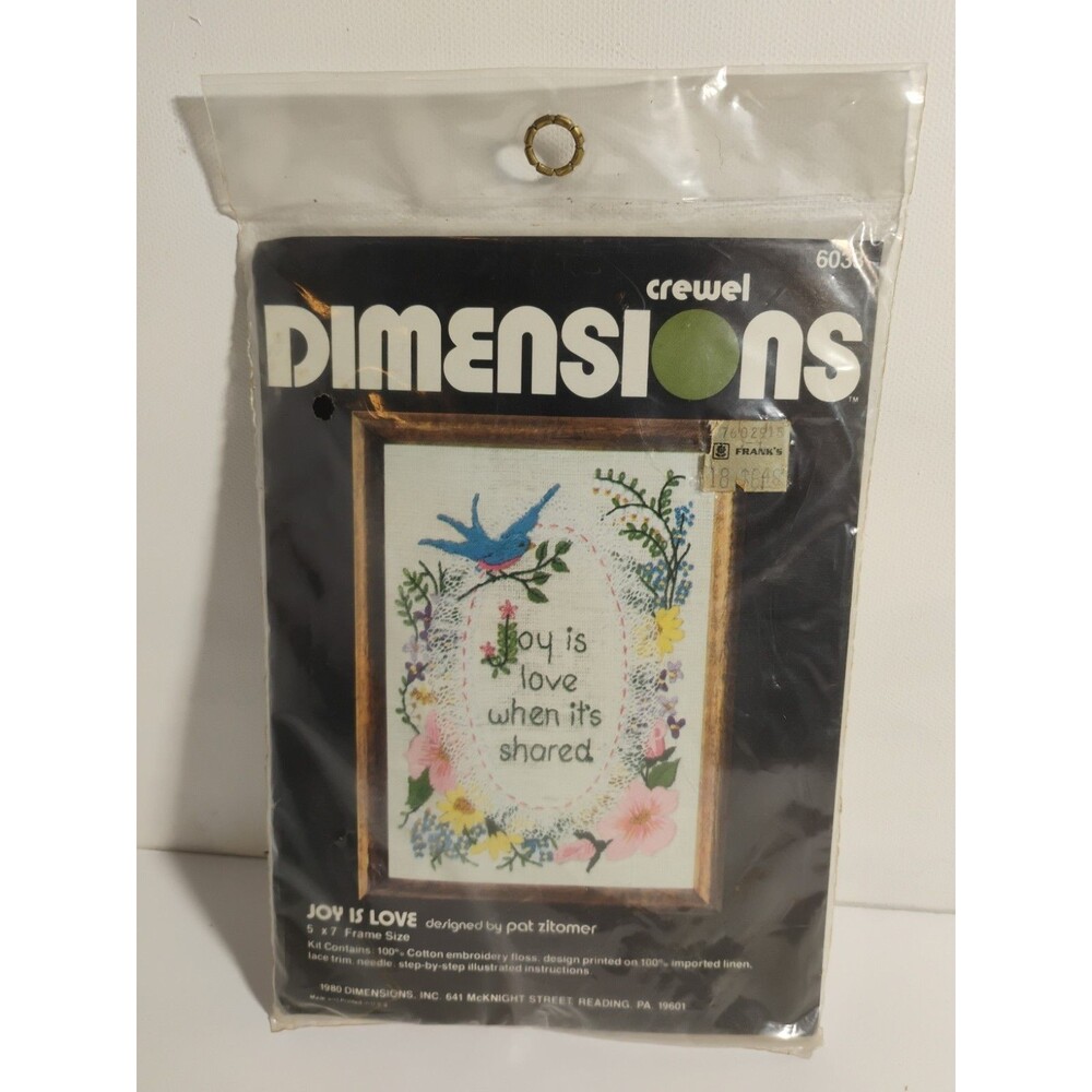 1980 Dimensions Crewel Embroidery Kit 6033 "Joy Is Love When It is Shared" NEW